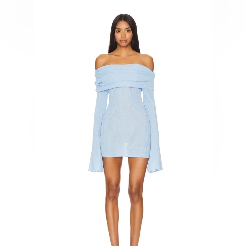 SER.O.YA REVOLVE Off Shoulder Galli Mini Dress in Powder Blue Long Sleeve